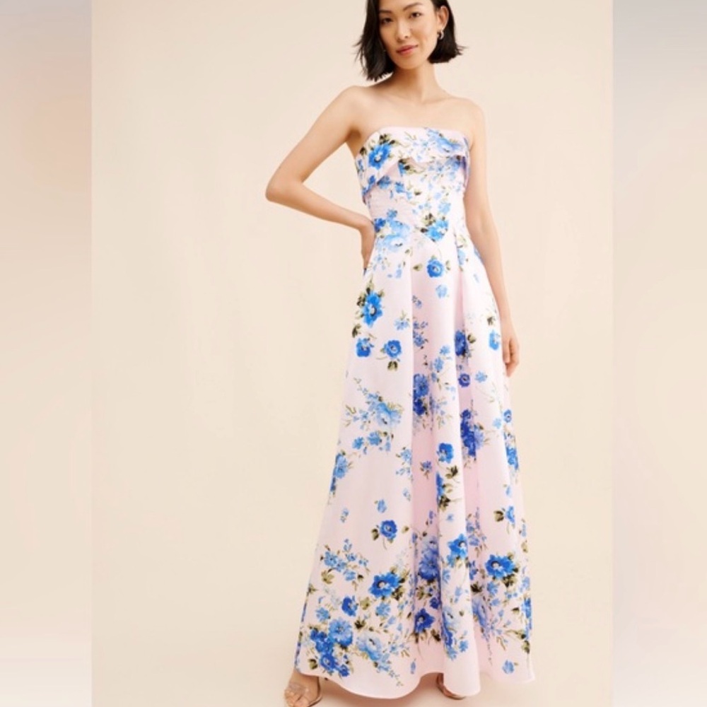 Anthropologie Strapless Floral Gown in Pink and Blue
